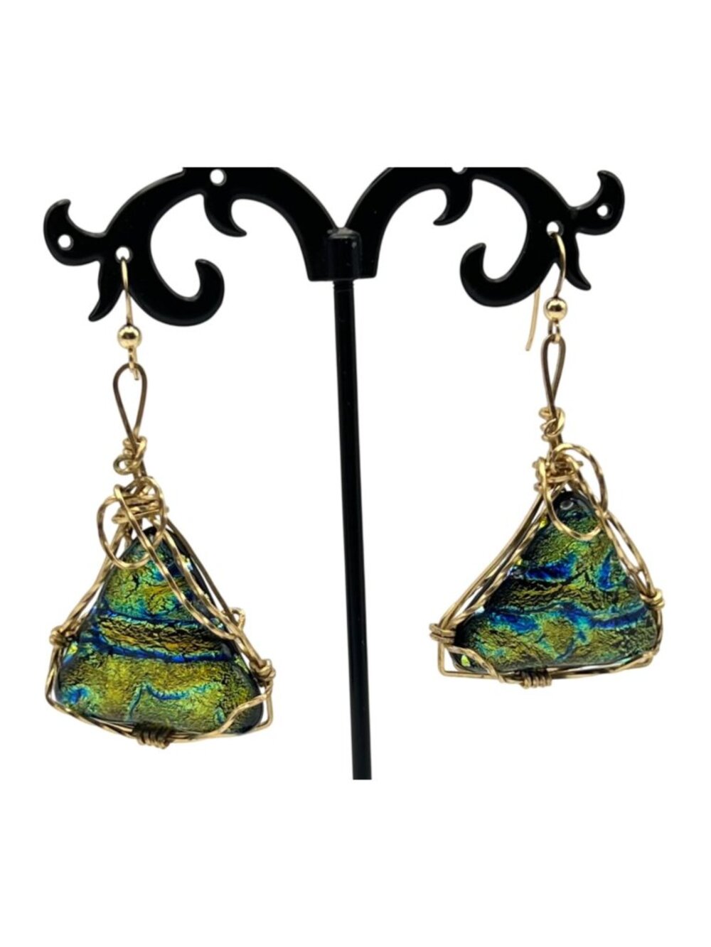 Handmade Dichroic Glass Earrings Wire Wrap Dangle Gold Tone Blue Green Artisan
